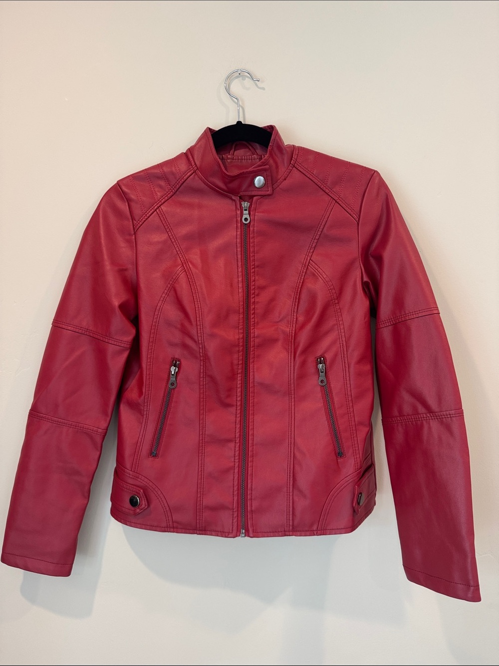 Women's Red Faux Leather Moto Jacket